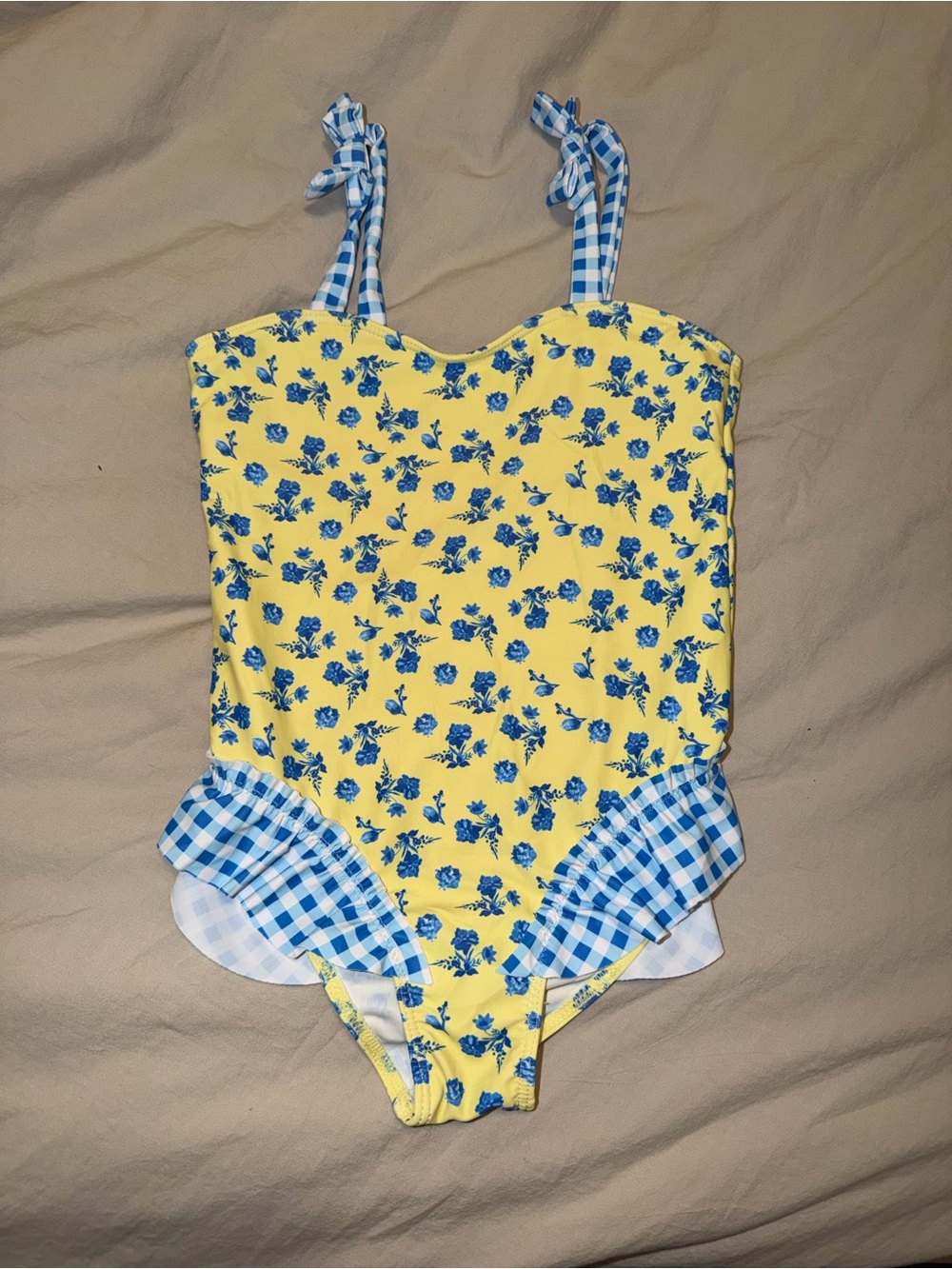 SHEIN Yellow One-Piece Swimsuit with Blue Floral Print & Gingham Ruffles